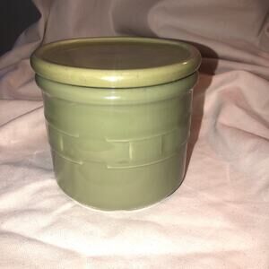 Longaberger Pottery EUC Green Woven Traditions Salt Crock/Butter Bowl with Lid